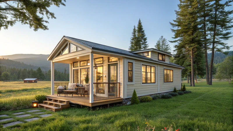 A tiny home in a rural landscape with a front porch and large windows.
