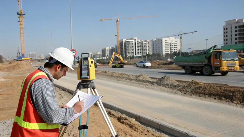 Construction site with a surveyor and machinery under clear skies