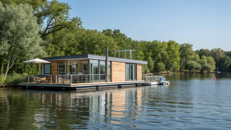Modern floating home on a calm lake