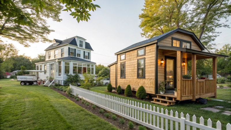 A serene scene with an Amazon tiny home and a traditional house.