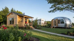 A serene outdoor scene with three distinct types of houses surrounded by greenery.
