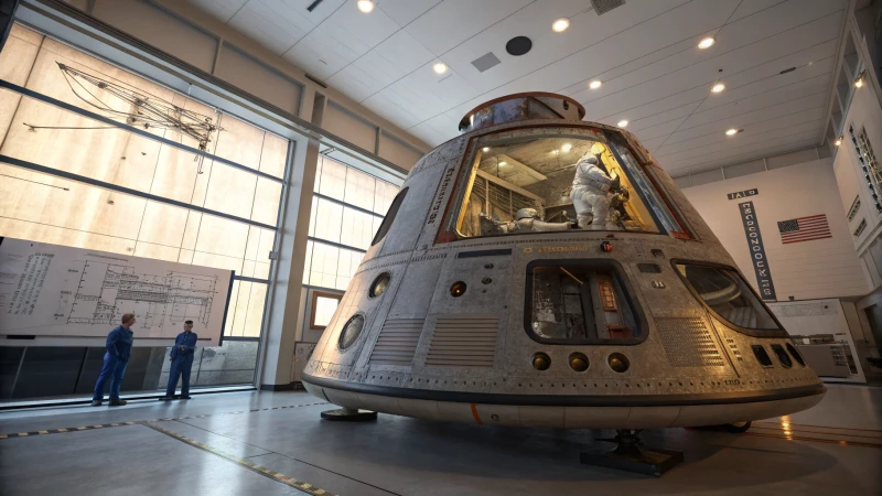 A space capsule in a laboratory with detailed engineering features