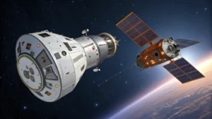 Comparison of a space capsule and a spacecraft in outer space