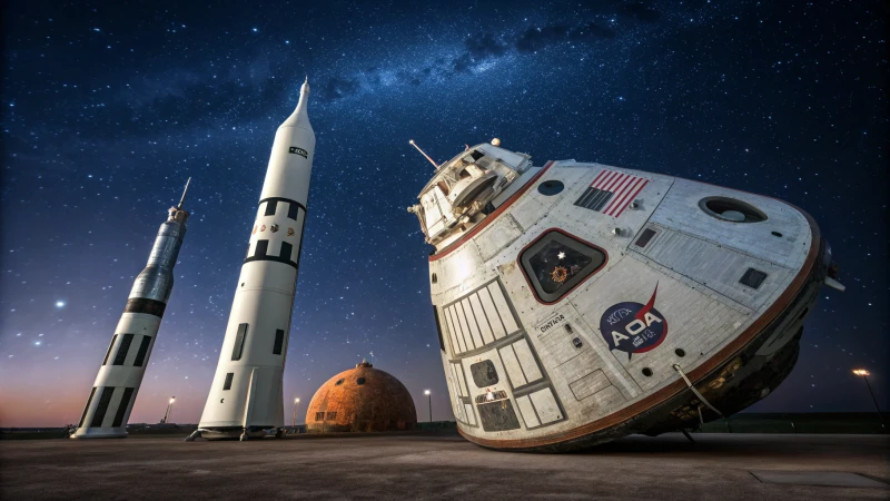 Collage of NASA's Apollo, Russia's Soyuz, and SpaceX's Crew Dragon in a starry background