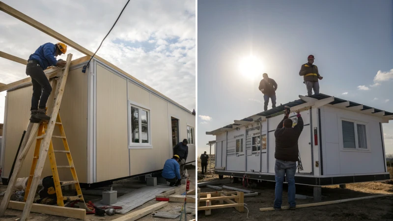 Split-screen image of prefab home installations