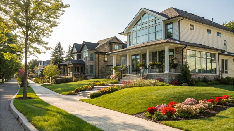 A suburban neighborhood showcasing a modern duplex and a traditional single-family home