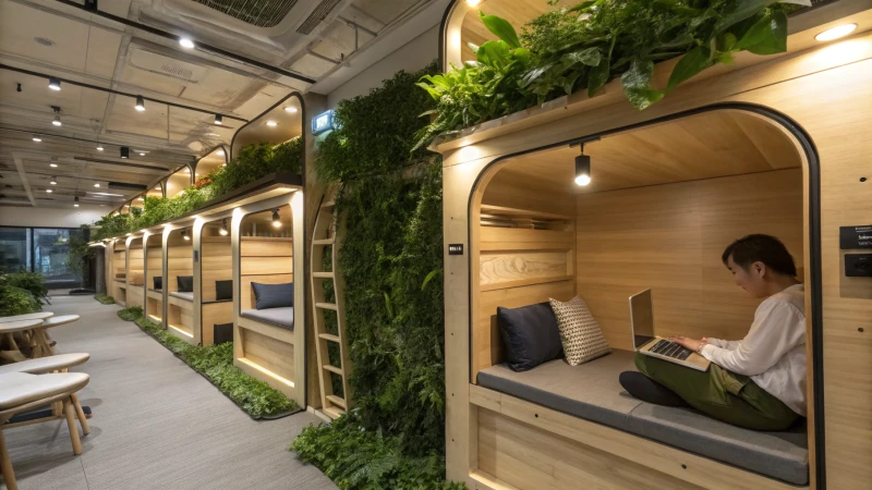 Interior view of a modern capsule hotel with sleeping pods