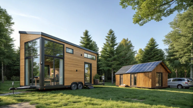 A Tesla Tiny House and a Coze House in a serene green landscape
