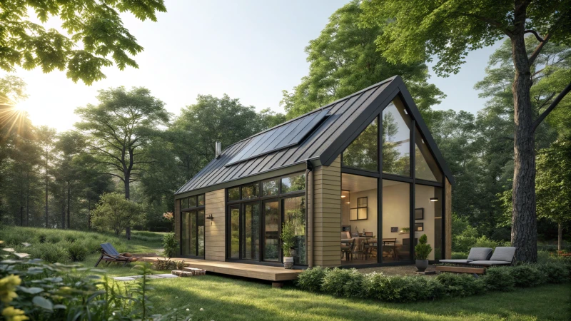 A modern Tesla tiny house in a green environment with solar panels on the roof.