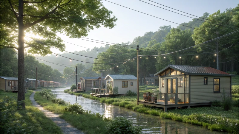 A picturesque tiny home community surrounded by greenery