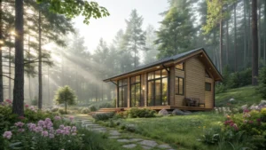 A tiny home in a lush green forest