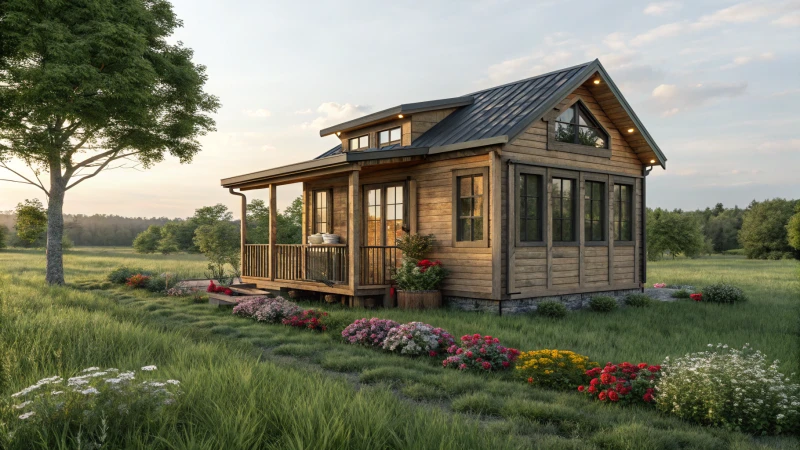 A tiny home on a green property surrounded by flowers and trees.