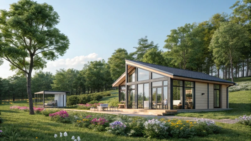 A modern tiny home in a rural landscape surrounded by trees