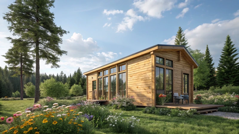 A tiny home surrounded by greenery and flowers under a blue sky.