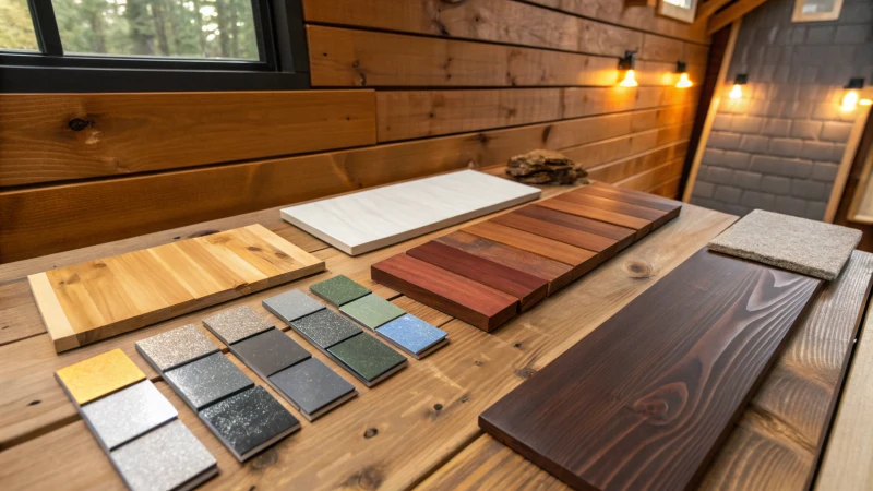 Collage of building materials for tiny houses