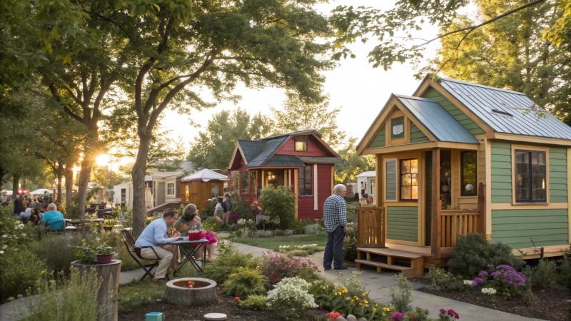 A vibrant tiny house community with colorful houses and residents gardening
