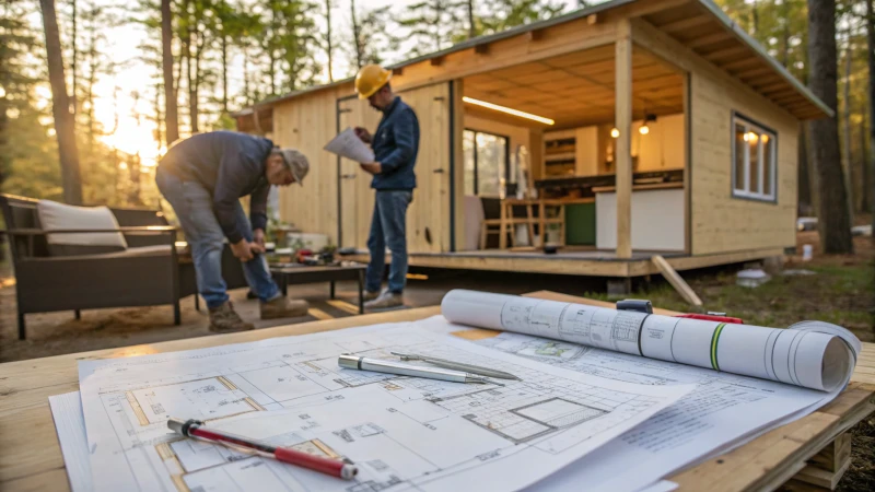 Illustration of tiny house construction process