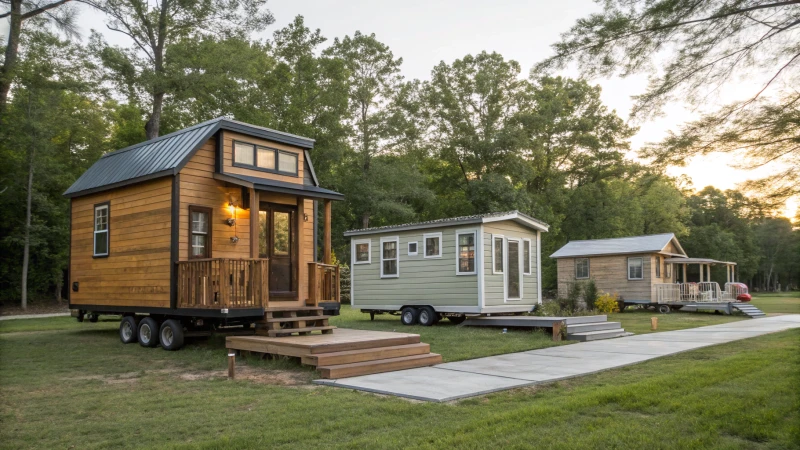 Illustration of three tiny house foundation types in a serene outdoor setting