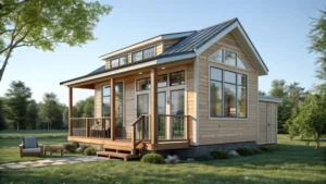 A small minimalist tiny house in a serene outdoor setting