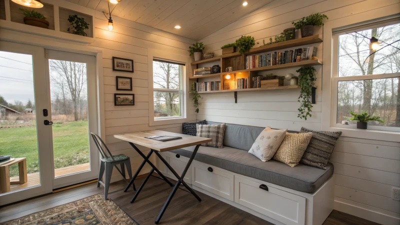 Cozy interior of a tiny house with multifunctional furniture and plants