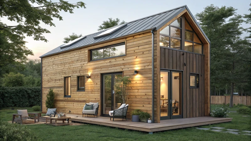 A photorealistic tiny house with wooden siding and large windows