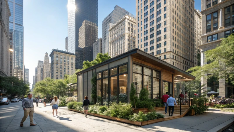 A tiny modern home surrounded by high-rise buildings