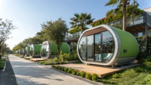 Row of modern capsule houses with glass windows and green roofs