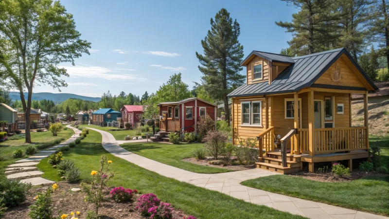 A colorful tiny home community surrounded by lush greenery