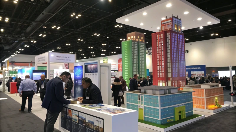 A lively trade show with booths showcasing prefab building models